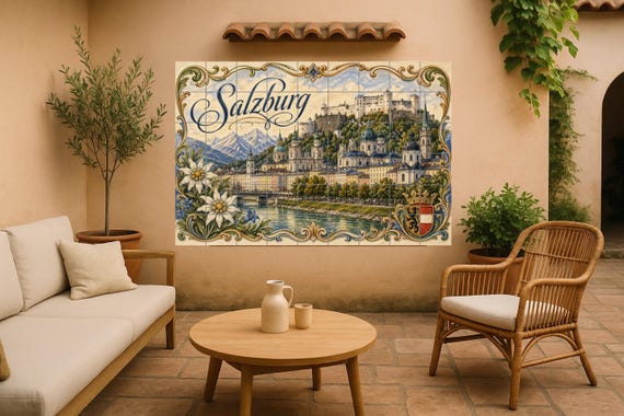 Mural de azulejos de cerámica de la fortaleza de Hohensalzburg en Salzburgo, … — Mural cerámico de Cerámicas La Noria