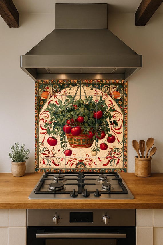 Mural de azulejos de cerámica italiana rústica con cesta de tomates colgante … — vista 2