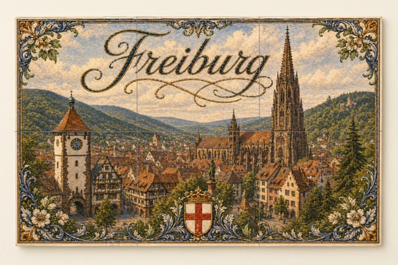 Mural de azulejos de cerámica de Friburgo, Alemania, arte mural de paisaje ur…
