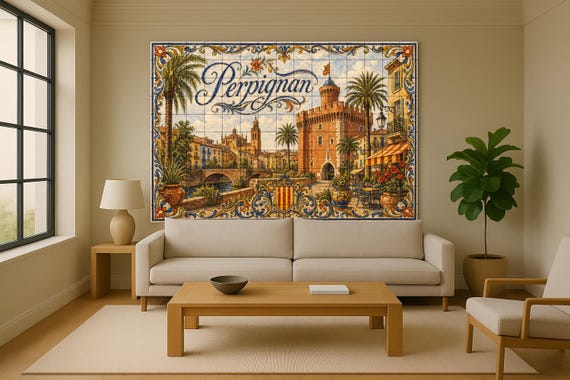 Mural de azulejos de cerámica de Perpiñán, arte mural mediterráneo francés co… — vista 2