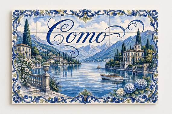 Mural de azulejos de cerámica del lago Como, Italia, arte mural a orillas del… — vista 2