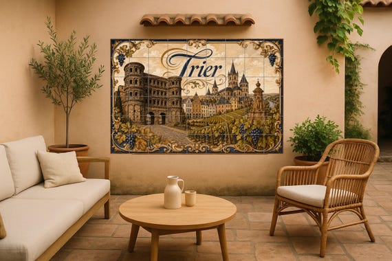Mural de azulejos de cerámica de Trier, Alemania, arte mural de paisaje urban…