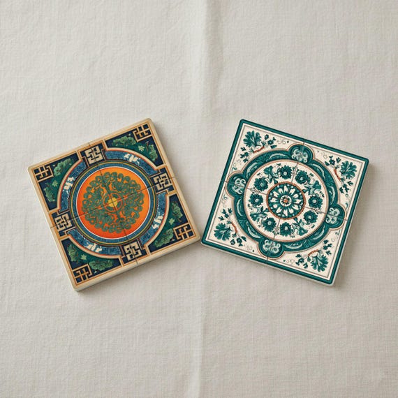Medallón asiático / Juego de posavasos de azulejos orientales / Decora