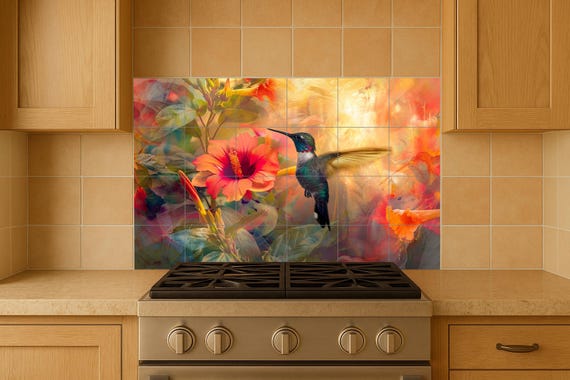 Mural de azulejos con flores de colibrí — vista 4