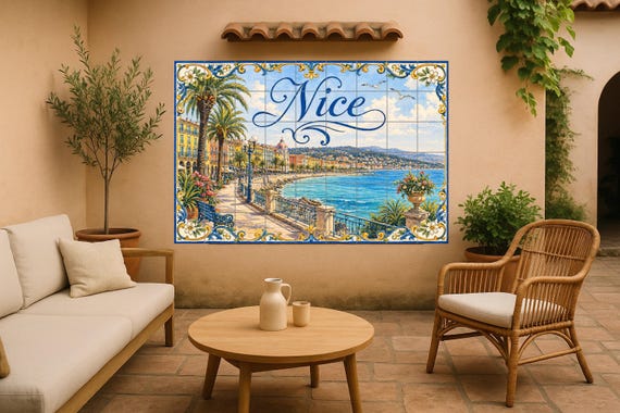 Bonito mural de azulejos de cerámica de la Riviera Francesa, decoración de pa…