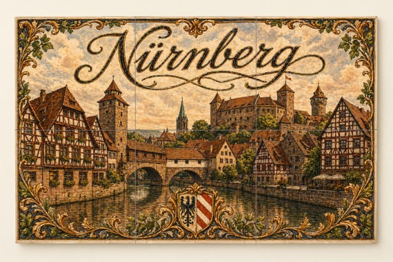 Mural de azulejos de cerámica de Núremberg, arte mural de paisaje urbano medi… — vista 3