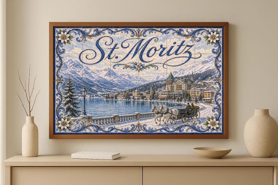 Mural de azulejos de cerámica de St. Moritz, arte mural de invierno de los Al… — vista 3