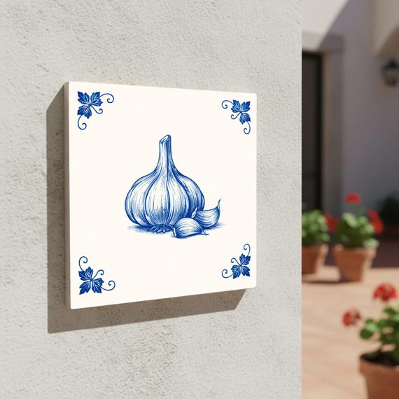 Garlic en azul de Delft — Azulejo decorativo de Cerámicas La Noria