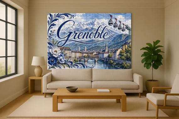 Mural de azulejos de cerámica de Grenoble, arte mural de los Alpes franceses … — vista 2