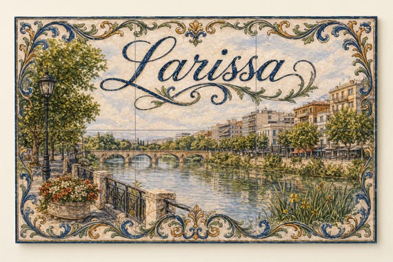 Mural de azulejos de cerámica de Larissa, Grecia, Arte mural del río Tesalia,…