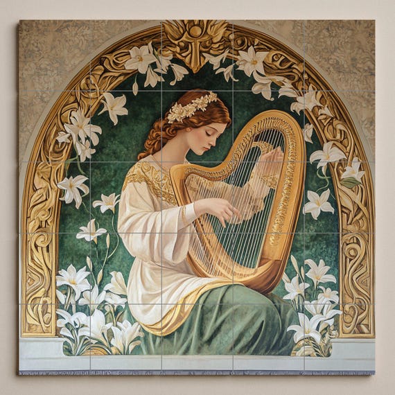 Mural de azulejos de cerámica con arpa Art Nouveau — vista 3