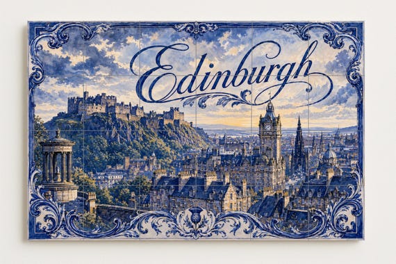 Mural de azulejos de cerámica de Edimburgo, Escocia, arte mural de castillo e… — vista 4