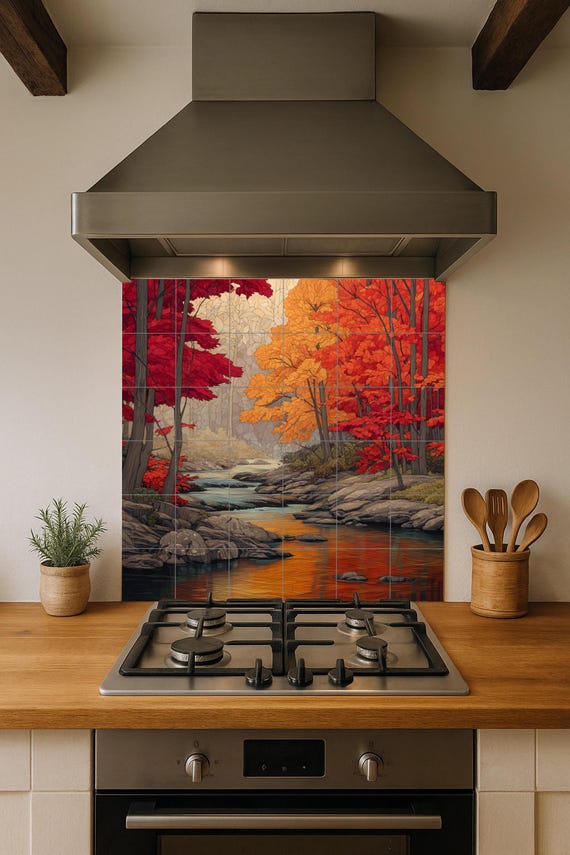Mural de azulejos con río otoñal