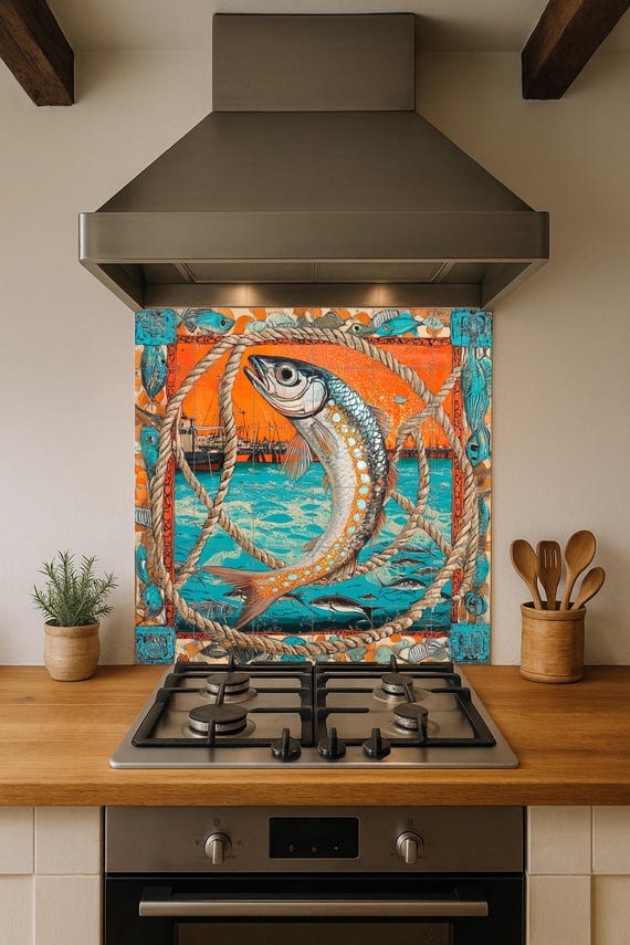 Mural de azulejos de cerámica con diseño de peces náuticos, escena portuaria … — vista 2