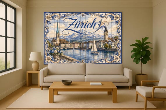 Mural de azulejos de cerámica de Zúrich, Suiza, arte mural de la ciudad lacus… — Mural cerámico de Cerámicas La Noria