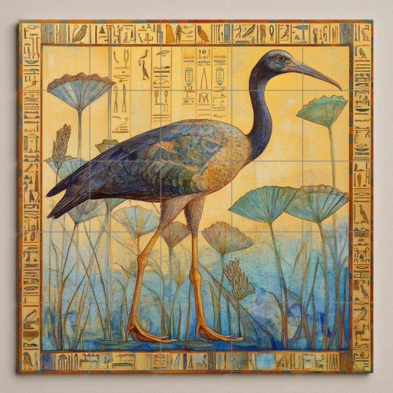 Mural de cerámica con ibis entre papiros — vista 3