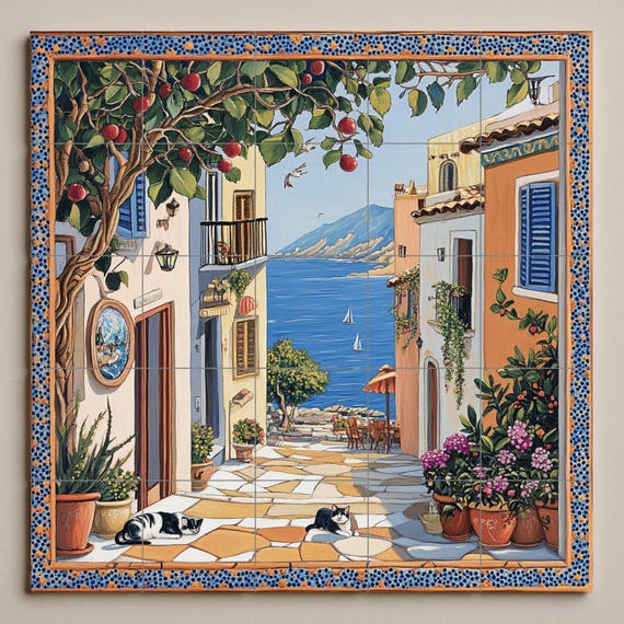Mural de azulejos de cerámica con escena callejera de un pueblo costero, árbo… — vista 3