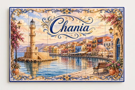 Mural de azulejos de cerámica de Chania, arte mural del faro del puerto grieg… — vista 4