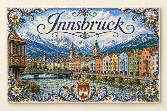 Mural de azulejos de cerámica en los Alpes de Innsbruck, Austria, coloridas c… — vista 3