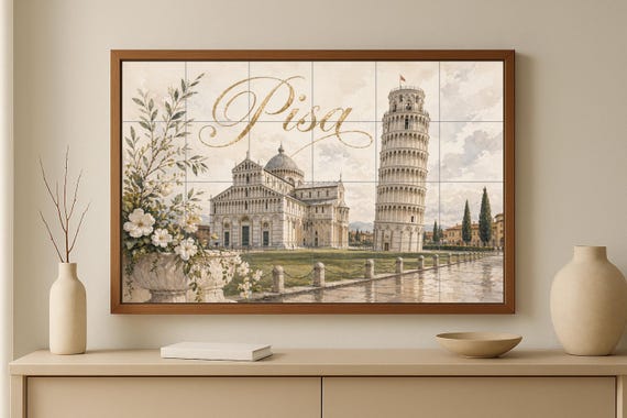 Mural de azulejos de cerámica de la Torre Inclinada de Pisa, elegante decorac… — vista 3