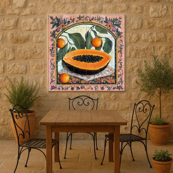 Mural de azulejos cerámicos botánicos coloniales con papaya y frutas cítricas…