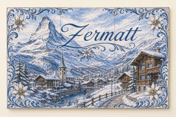 Mural de azulejos de cerámica de Zermatt, Suiza, arte mural alpino del Matter… — vista 3