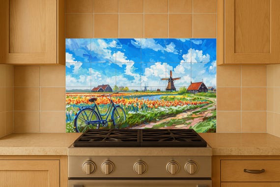 Mural de azulejos de un campo de tulipanes holandeses