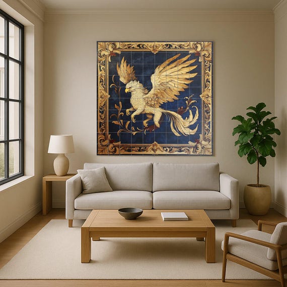 Mural de pared de cerámica de grifo dorado con marco heráldico y fondo azul o… — vista 3