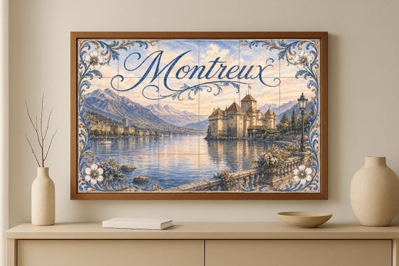 Mural de azulejos de cerámica de Montreux, Suiza; Arte mural del Castillo de … — vista 2