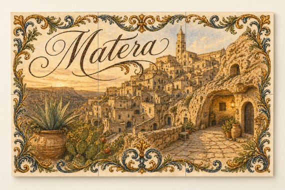 Matera Italia Mural de azulejos cerámicos, Sassi di Matera Wall Art, Decoraci… — vista 4