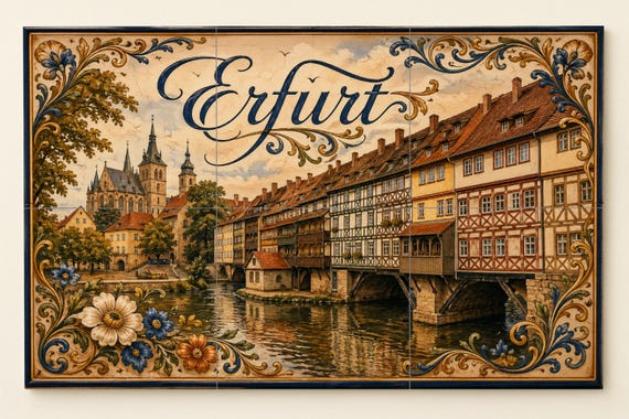 Mural de azulejos de cerámica de Erfurt, Alemania, arte mural medieval a oril… — vista 3