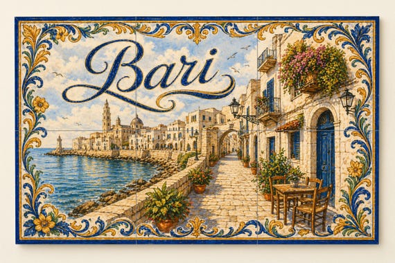 Mural de azulejos de cerámica de Bari, arte mural costero italiano con arquit… — vista 4