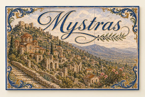 Mural de azulejos de cerámica bizantina de Mystras, decoración de pared de la… — vista 3