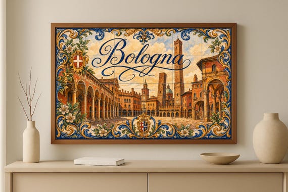 Mural de azulejos de cerámica con torres medievales de Bolonia, decoración de… — vista 3