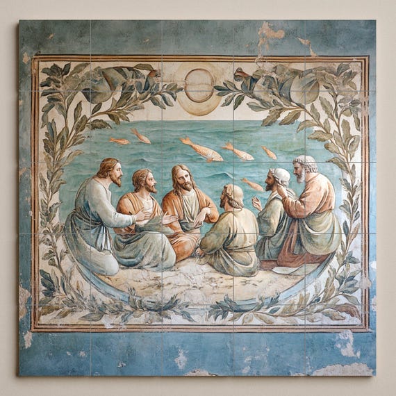 Mural de cerámica bíblico con Jesús y los apóstoles junto al mar, arte religi… — vista 3