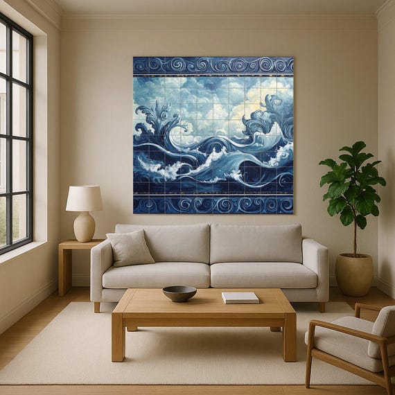 Mural de pared de cerámica con olas del océano y diseño de nubes y mar en esp…