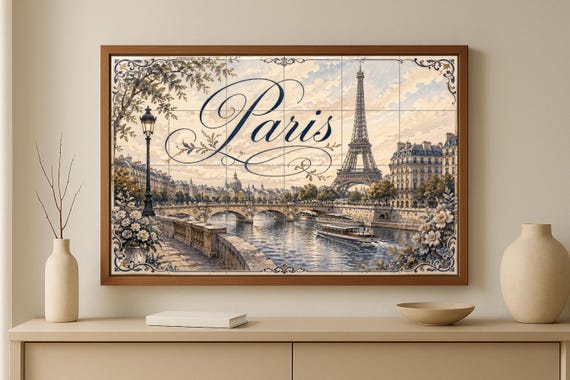 Mural de azulejos de cerámica de la Torre Eiffel de París, decoración románti… — vista 3