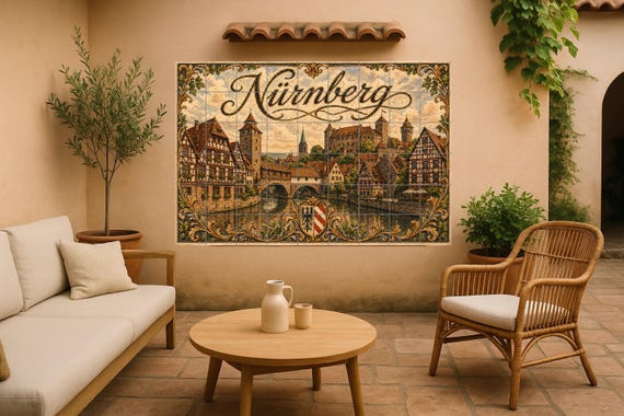 Mural de azulejos de cerámica de Núremberg, arte mural de paisaje urbano medi… — Mural cerámico de Cerámicas La Noria