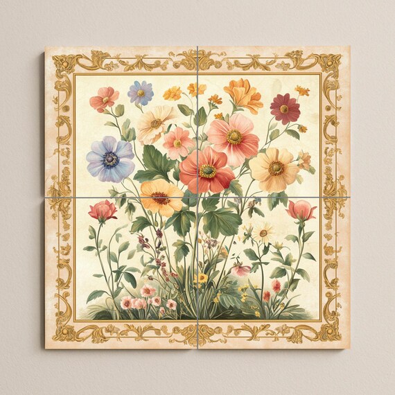 Mural de pared de cerámica floral con flores silvestres y borde dorado adorna… — vista 2