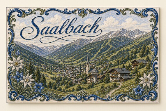 Mural de azulejos de cerámica de Saalbach, Austria, pueblo alpino y paisaje a… — vista 3