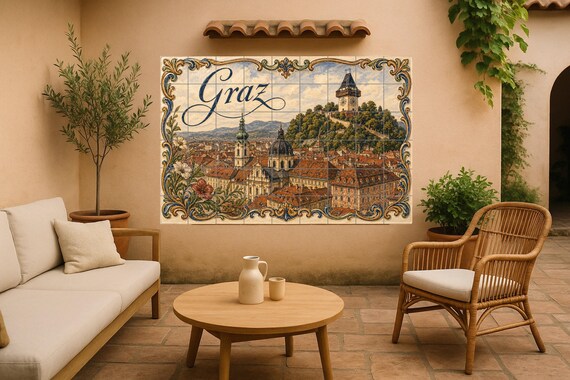 Mural de azulejos de cerámica de la torre del reloj de Schlossberg en Graz, A… — vista 3