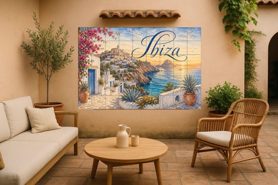 Mural de azulejos de cerámica de Ibiza Dalt Vila, decoración de pared mediter…
