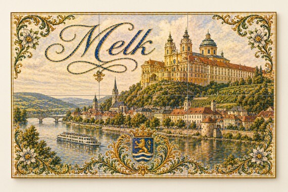 Mural de azulejos de cerámica de Melk, Austria, río Danubio y arte mural barr… — vista 3