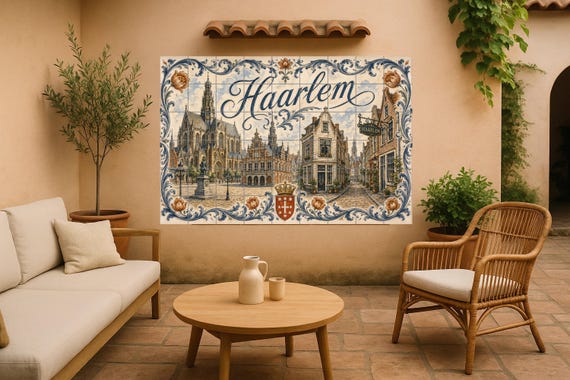 Mural de azulejos de cerámica de Haarlem, Países Bajos, arte mural de la hist…