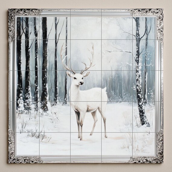 Mural de pared de cerámica de ciervo blanco con escena de bosque nevado y bor… — vista 3