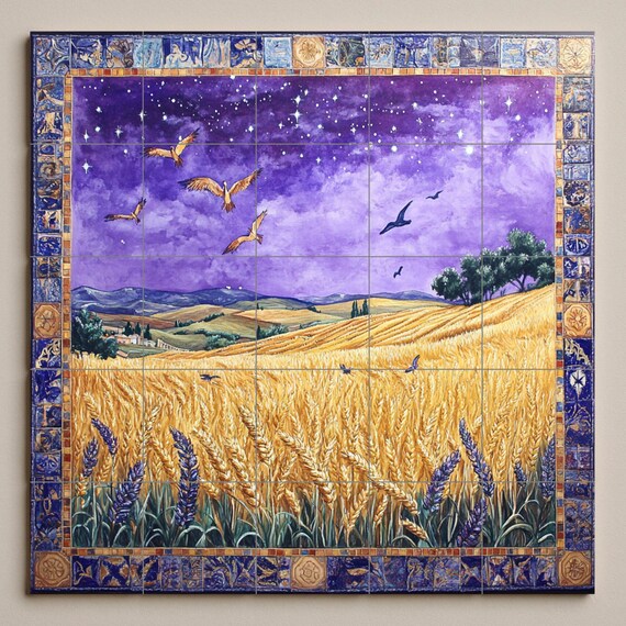 Mural cerámico de un campo de trigo en una noche estrellada — vista 3