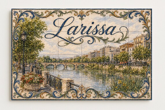 Mural de azulejos de cerámica de Larissa, Grecia, Arte mural del río Tesalia,… — vista 4