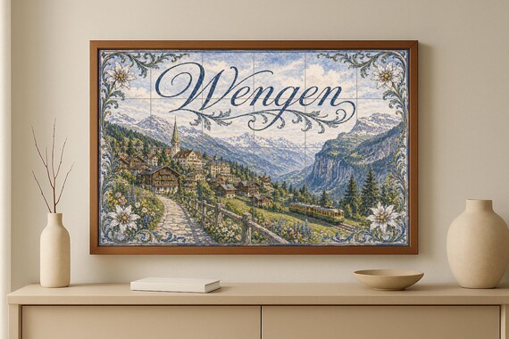 Mural de azulejos de cerámica de Wengen, Suiza, arte mural de pueblo alpino, … — vista 3
