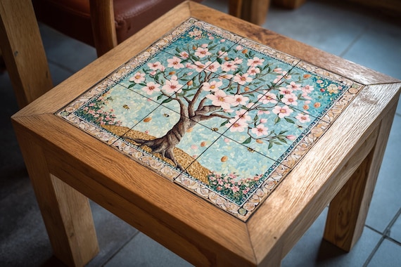 Mural de azulejos cerámicos de flor de almendro persa con abejas y borde de m… — vista 4