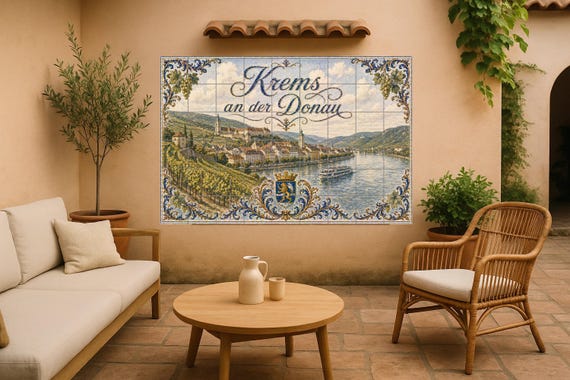 Mural de azulejos de cerámica de Krems an der Donau, arte mural de viñedos de…